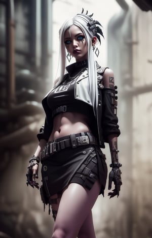 (Masterpiece, Best Quality, 1 Girl, Solo, Intricate Details, Chromatic Aberration), Real,, 2bTheEmpireStyle, White, White Cyborg Fashion Shot, Punk Warrior, ((Sigh)), (Sad Smile: 0.6), Long Hair, Black Hair , white headdress, pearl highlights, hair on one eye, yellow eyes, earrings, sharp eyes, , (symmetrical eyes), (perfectly symmetrical body), by the wall, fractal decoration staring at the viewer, Unreal Engine, ArtStation In trend, high-tech plastic,TheEmpireStyle,Maria