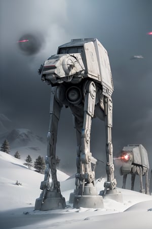 ((1 male)), AT-AT Walker, whole body, 3D figure, AT-AT, natural light, realistic image quality, dynamic pose, flying laser beams, tracer bullets, snow smoke, video lighting, perfect composition, super detail, official art, masterpiece , best quality, reflections, each high resolution CG Unity 8K wallpaper, detailed background, masterpiece, photorealistic, random angle, snow field, ice planet, HOTH, full body, Star Wars,
