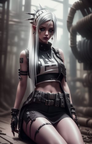 (Masterpiece, Best Quality, 1 Girl, Solo, Intricate Details, Chromatic Aberration), Real,, 2bTheEmpireStyle, White, White Cyborg Fashion Shot, Punk Warrior, ((Sigh)), (Sad Smile: 0.6), Long Hair, Black Hair , white headdress, pearl highlights, hair on one eye, yellow eyes, earrings, sharp eyes, , (symmetrical eyes), (perfectly symmetrical body), by the wall, fractal decoration staring at the viewer, Unreal Engine, ArtStation In trend, high-tech plastic,TheEmpireStyle,Maria