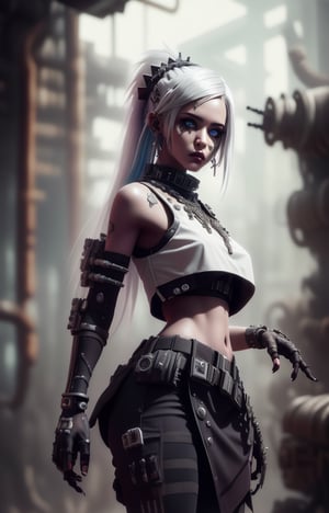 (Masterpiece, Best Quality, 1 Girl, Solo, Intricate Details, Chromatic Aberration), Real,, 2bTheEmpireStyle, White, White Cyborg Fashion Shot, Punk Warrior, ((Sigh)), (Sad Smile: 0.6), Long Hair, Black Hair , white headdress, pearl highlights, hair on one eye, yellow eyes, earrings, sharp eyes, , (symmetrical eyes), (perfectly symmetrical body), by the wall, fractal decoration staring at the viewer, Unreal Engine, ArtStation In trend, high-tech plastic,TheEmpireStyle,Maria