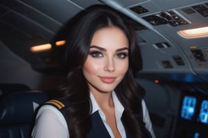 beautiful lady, sensual smile, big breast, closed lips, long black hair, dark makeup, hyperdetailed photography, night mood, in the cockpit of airplane dressup with uniforme