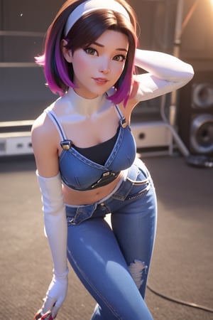 3D, CGI, render, realistic, 8k high definition detailed realistic, (best quality, masterpiece:1.2),photon mapping, radiosity, physically-based rendering, best quality, highly detailed, 1girl, looking at viewer, multicolored hair, white gloves, fingerless gloves, white hairband, denim croptop, denim pants, white boots,   dvakpop , concert stage,  ,aahana, long hair,Dva,Overwatch ,D.va, dinamic_pose, (dinamic_pose), brown hair,d.va ,,long hair,Dva 