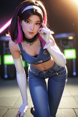 3D, CGI, render, realistic, 8k high definition detailed realistic, (best quality, masterpiece:1.2),photon mapping, radiosity, physically-based rendering, best quality, highly detailed, 1girl, looking at viewer, multicolored hair, white gloves, fingerless gloves, white hairband, denim croptop, denim pants, white boots,   dvakpop , concert stage,  ,aahana, long hair,Dva,Overwatch ,D.va, dinamic_pose, (dinamic_pose), brown hair,d.va ,,long hair,Dva 