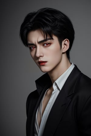vampire, handsome, black hair, light red eyes, 21 years old, male, stoic