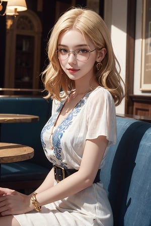 8k high quality photorealistic, masterpiece, best quality,  photo, intricate detail, at summer,
european 20yo-1girl, detailed smooth soft pale skin, detailed face, blond medium curl hair, light-smile, medium breasts, wearing simple glasses, gold bracelet, gold earing, (blue and white casual dress), black thin belt, a book (relax at a cafe),