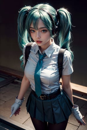 female, ((masterpiece, best quality, ultra detailed, absurdres):1.5),mikusound,,miku, hatsune_miku, skirt, holding,shirt, gloves, holding, hair between eyes, twintails, very long hair, closed mouth, standing, white short sleeves, pantyhose, pleated skirt, necktie, white collared shirt, belt, miniskirt, aqua eyes, blue skirt, black pantyhose, white shirt, aqua hair,head phone, photorealistic, viewed_from_above