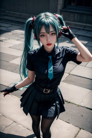 female, ((masterpiece, best quality, ultra detailed, absurdres):1.5),mikusound,,miku, hatsune_miku, skirt, holding,shirt, gloves, holding, hair between eyes, twintails, black very long hair, closed mouth, standing, short sleeves, pantyhose, pleated skirt, necktie, collared shirt, belt, miniskirt, aqua eyes, blue skirt, black pantyhose, black shirt, aqua hair,head phone, photorealistic, viewed_from_above,red lips