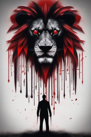 A man symbolizing dark and love, psychology, love, manipulation, dark and red, scare, pain, and tears, with a Black and Red Lion