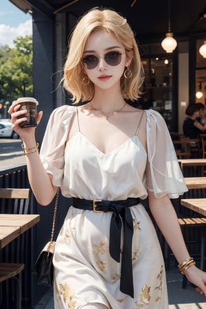 8k high quality photorealistic, masterpiece, best quality,  photo, intricate detail, at summer,
european 20yo-1girl, detailed smooth soft pale skin, detailed face, blond medium curl hair, light-smile, medium breasts, wearing sunglasses, gold bracelet, gold earing, (blue and white casual dress), black thin belt, a cup of coffee, (relax at a cafe),