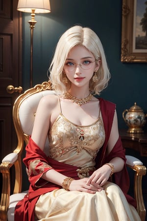 8k high quality photorealistic, masterpiece, best quality,  photo, intricate detail, at summer,
european 20yo-1girl, detailed smooth soft pale skin, detailed face, blond medium curl white hair, light-smile, medium breasts,Blue eyes, wearing simple glasses, gold bracelet, gold earing, (red shalwar kameez dress),set on chair