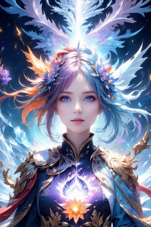 (masterpiece, top quality, best quality, official art, beautiful and aesthetic:1.2), (1girl), extreme detailed,(abstract, fractal art:1.3),colorful hair,highest detailed, detailed_eyes, fire, water,flower, ice, lightning, light_particles, ghost,