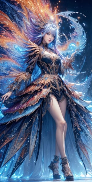 (masterpiece, top quality, best quality, official art, beautiful and aesthetic:1.2), (1girl), extreme detailed,(abstract, fractal art:1.3),colorful hair,highest detailed, detailed_eyes, fire, water, ice, lightning, light_particles, ghost sexy battle dress ,beatiful lines,resolute eyes, full body, smiling,