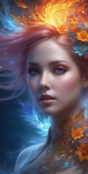 (masterpiece, top quality, best quality, official art, beautiful and aesthetic:1.2), (1girl), extreme detailed,(abstract, fractal art:1.3),colorful hair,highest detailed, detailed_eyes, fire, water,flower, ice, lightning, light_particles, ghost,more detail XL, upper body,