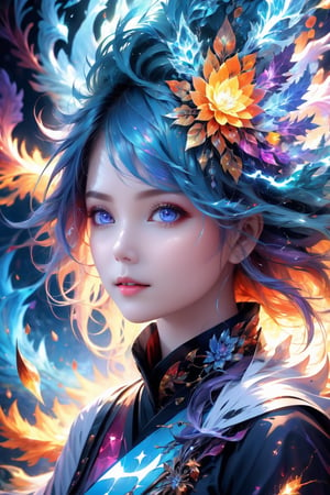 (masterpiece, top quality, best quality, official art, beautiful and aesthetic:1.2), (1girl), extreme detailed,(abstract, fractal art:1.3),colorful hair,highest detailed, detailed_eyes, fire, water,flower, ice, lightning, light_particles, ghost,more detail XL