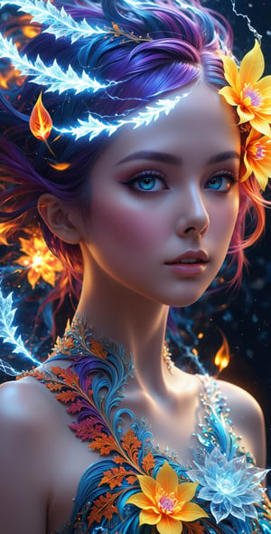 (masterpiece, top quality, best quality, official art, beautiful and aesthetic:1.2), (1girl), extreme detailed,(abstract, fractal art:1.3),colorful hair,highest detailed, detailed_eyes, fire, water,flower, ice, lightning, light_particles, ghost,more detail XL, upper body,