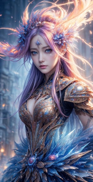 (masterpiece, top quality, best quality, official art, beautiful and aesthetic:1.2), (1girl), extreme detailed,(abstract, fractal art:1.3),colorful hair,highest detailed, detailed_eyes, fire, water, ice, lightning, light_particles, ghost sexy battle dress ,beatiful lines,resolute eyes