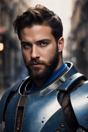 Portrait photo of muscular bearded guy in a worn mech suit, ((light bokeh)), intricate, (steel metal [rust]), elegant, sharp focus, photo by greg rutkowski, soft lighting, vibrant colors, (masterpiece), ((streets)), (detailed face:1.2), (glowing blue eyes:1.1)