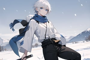 fohl_fayon, short hair, white hair, (blue locks), blue eyes, blue scarf, black pants, (white belt at the waist), white combat kimono with snow design, boy, neutral expression, muscles, katana (snowy field background)