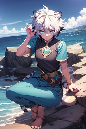 best quality, masterpiece, highres, detailed, digital illustration, , FohlFayon, tiger boy, tiger tail, two-toned hair, white hair, black hair, tiger ears, jojo pose, , short hair, blue eyes, blue pants, blue shirt, ocean, cliffs, grass,FohlFayon