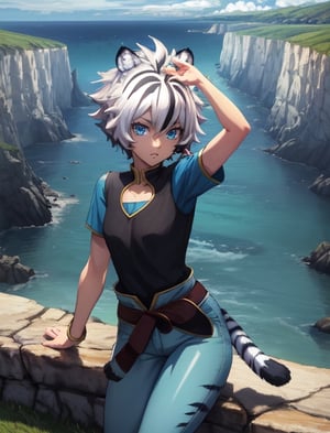 best quality, masterpiece, highres, detailed, digital illustration, , FohlFayon, tiger boy, tiger tail, two-toned hair, white hair, black hair, tiger ears, jojo pose, , short hair, blue eyes, blue pants, blue shirt, ocean, cliffs, grass,