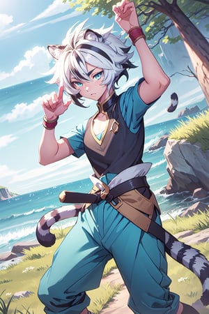 FohlFayon, tiger boy, two-toned hair, white hair, black hair, tiger ears, one tiger tail, combat pose, , short hair, blue eyes, blue pants, blue shirt, ocean, cliffs, grass, (Boy),ANIME 