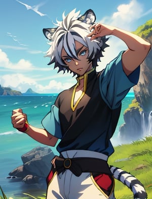 best quality, masterpiece, highres, detailed, digital illustration, , FohlFayon, tiger boy, tiger tail, two-toned hair, white hair, black hair, tiger ears, jojo pose, , short hair, blue eyes, blue pants, blue shirt, ocean, cliffs, grass,