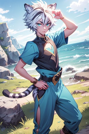 best quality, masterpiece, highres, detailed, digital illustration, , FohlFayon, tiger boy, tiger tail, two-toned hair, white hair, black hair, tiger ears, jojo pose, , short hair, blue eyes, blue pants, blue shirt, ocean, cliffs, grass,FohlFayon, (Boy),ANIME 