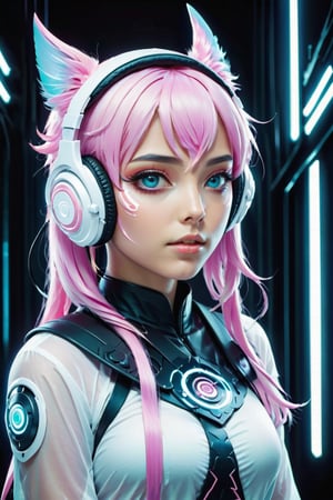 Anime girl with pink hair and pink pupils with white futuristic headphones

