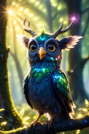 score_9, score_8_up, score_7_up, score_6_up, score_5_up, score_4_up, close-up, glitter, bird creature with horns, big eyes, singing, sitting on tree branch, green forest background with beams of sunlight