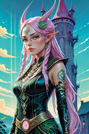 Tomer Hanuka~ H.R Giger ~ Junji Ito~ Beautiful Elf posing by a tower. with freckles and glasses and long pink hair braided, warrior. steampunk.

