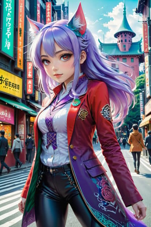 (2D anime style), a girl wearing red blazer and black leggins happily walking by shibuya, vibrant colors, soft pastels, beautiful 2D illustration by MSchiffer, intricately detailed, focus on face, detailed face, sharp image, (darling in the franx merged with rozen maiden), (((cel-shaded))), ((cel shading)), ink contours, purple and orange

