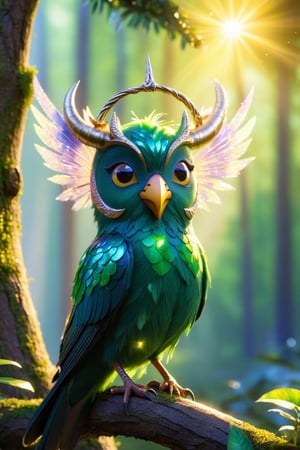 score_9, score_8_up, score_7_up, score_6_up, score_5_up, score_4_up, close-up, glitter, bird creature with horns, big eyes, singing, sitting on tree branch, green forest background with beams of sunlight