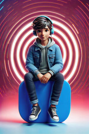 of a floating WhatsApp logo, surrounded by a colorful virtual reality background. The boy has a mischievous smile on his face and is wearing a trendy outfit with headphones around his neck. The logo is made of reflective material, giving it a futuristic and shiny appearance. The virtual reality background consists of vibrant neon lights, abstract shapes, and digital landscapes, creating a sense of energy and excitement. The image is of the highest quality, with ultra-detailed textures and realistic lighting. The artwork has a modern and digital art style, combining elements of illustration and 3D rendering. The color palette is bold and vibrant, with a mix of bright neon colors and deep shadows. The lighting is dynamic, with rays of light casting dramatic shadows and creating a sense of depth and movement in the image.