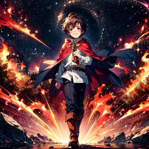 (masterpiece), high quality, 1 little kid, male, solo, anime style, very short hair, dark brown hair, dark brown eyes, smile, red cape, white villager shirt, gray sleeves, black pants, brown boots