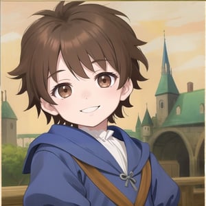 Little boy, dark brown hair, dark brown eyes, smiling slightly, medieval clothing, anime style.