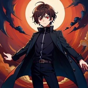 (masterpiece), high quality, 10 year old boy, solo, anime style, short hair, dark brown hair,  serious look, black coat, high-neck trench coat, black pants, red eyes, glowing eyes, red aura.