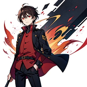 (masterpiece), high quality, 10 year old boy, solo, anime style, short hair, dark brown hair,  serious look, black coat, high-neck trench coat, black pants, red clothing details, red eyes, glowing eyes, red aura.