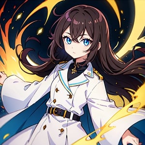 (masterpiece), high quality, 10 year old girl, solo, anime style, long hair, dark brown hair, peaceful look, white dress, high collar trench coat, blue eyes, glowing eyes, yellow aura