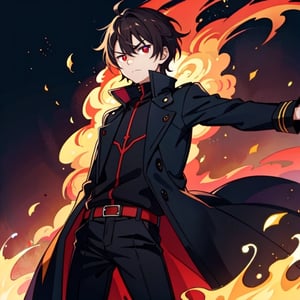 (masterpiece), high quality, 10 year old boy, solo, anime style, short hair, dark brown hair,  serious look, black coat, high-neck trench coat, black pants, red clothing details, red eyes, glowing eyes, red aura.