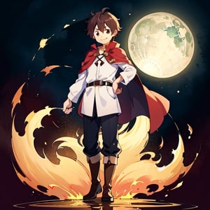 (masterpiece), high quality, 10 year old boy, solo, anime style, short hair, dark brown hair, calm look, little smiling, white villager shirt, gray sleeves, red cape with white, black pants, brown boots, brown eyes dark, standing