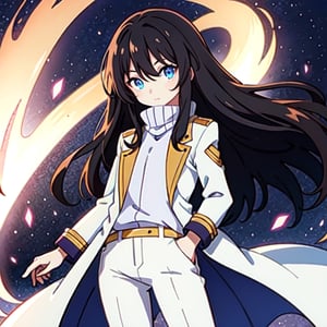 (masterpiece), high quality, 8 year old girl, solo, anime style, long hair, dark brown hair, peaceful look, only white clothes, solo white, plain white coat, plain white turtleneck trench coat, plain white pants,  blue eyes,  glowing eyes, yellow aura