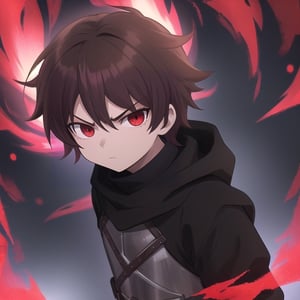 Little boy, dark brown hair, red eyes, serious look, wearing a medieval dark knight costume, anime style, with a red aura surrounding the character.