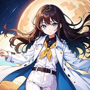 (masterpiece), high quality, 10 year old girl, solo, anime style, long hair, dark brown hair, peaceful look, white coat, high collar trench coat, white pants, blue eyes, bright eyes, yellow aura