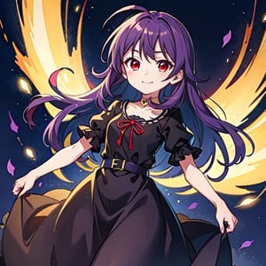 (masterpiece), high quality, 10 year old girl, solo, anime style, long hair, dark purple hair, happy look, villager dress, red eyes with some yellow, purple aura