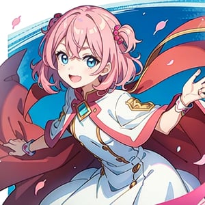 (masterpiece), high quality, 10 year old girl, solo, anime style, medium hair, pink hair, happy look, white dress without details, pink cape, blue eyes, pink aura