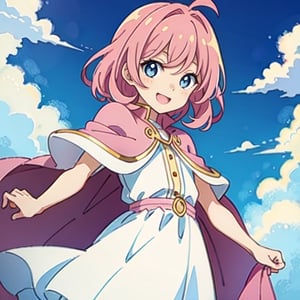 (masterpiece), high quality, 10 year old girl, solo, anime style, medium hair without cap, pink hair, happy look, white dress without details, pink cape, blue eyes, pink aura.