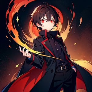 (masterpiece), high quality, 10 year old boy, solo, anime style, short hair, dark brown hair,  serious look, black coat, high-neck trench coat, black pants, red eyes, glowing eyes, red aura.