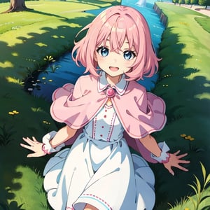 (masterpiece), high quality, 10 year old girl, solo, anime style, medium hair without cap, pink hair, happy look, simple white dress, pink cape, blue eyes, pink aura.