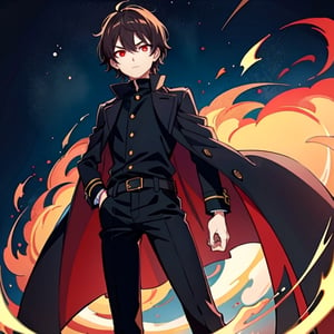 (masterpiece), high quality, 10 year old boy, solo, anime style, short hair, dark brown hair,  serious look, black coat, high-neck trench coat, black pants, red eyes, glowing eyes, red aura.