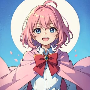 (masterpiece), high quality, 10 year old girl, solo, anime style, medium hair without cap, pink hair, happy look, white dress without details, pink cape, blue eyes, pink aura.